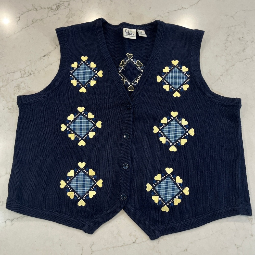 CJ Banks Vtg Sweater Vest Women 1X Navy Blue Ramie Cotton Heart Hand Embroidered